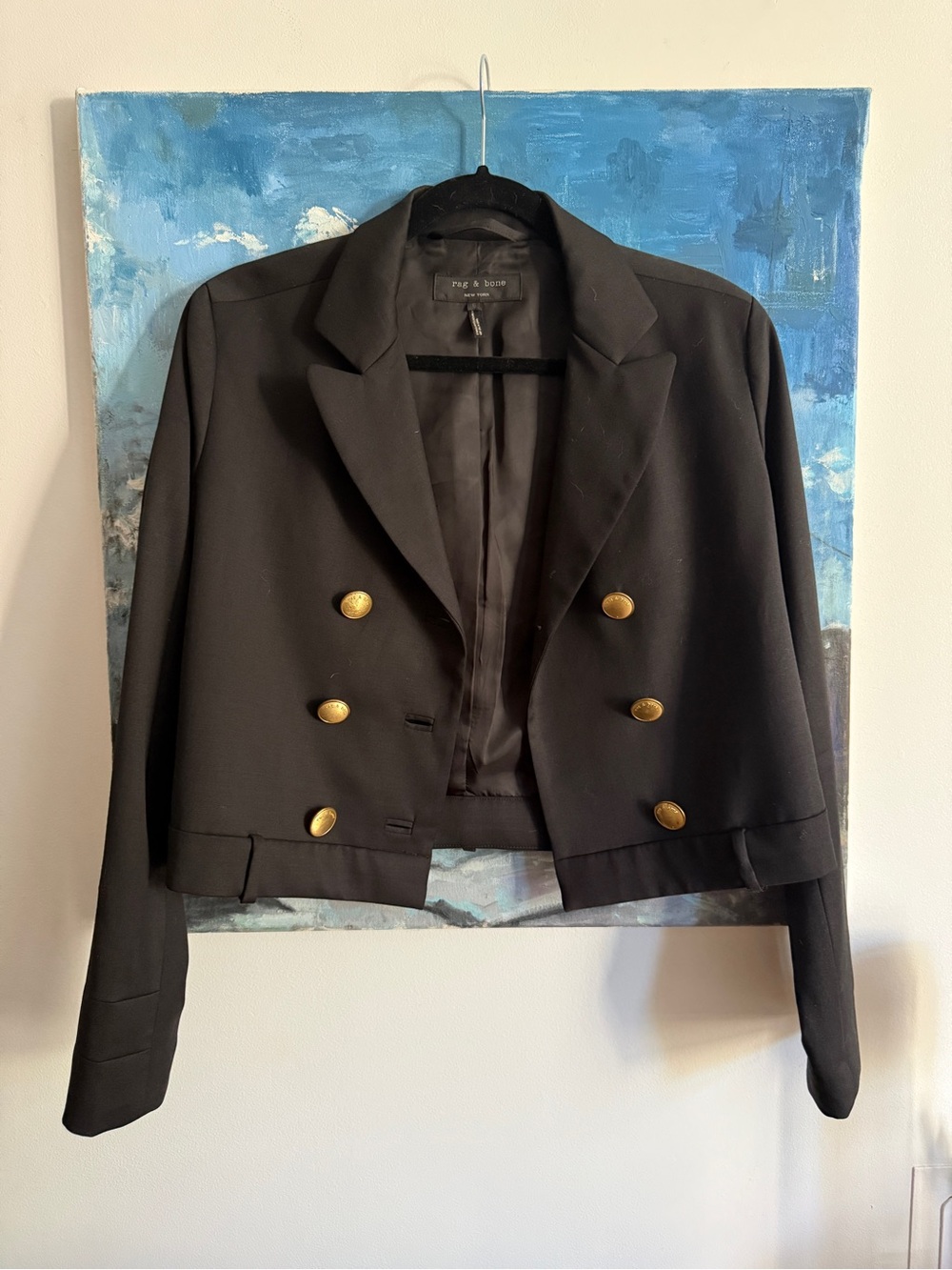 rag & bone Black Double-Breasted Cropped Blazer with Gold Buttons